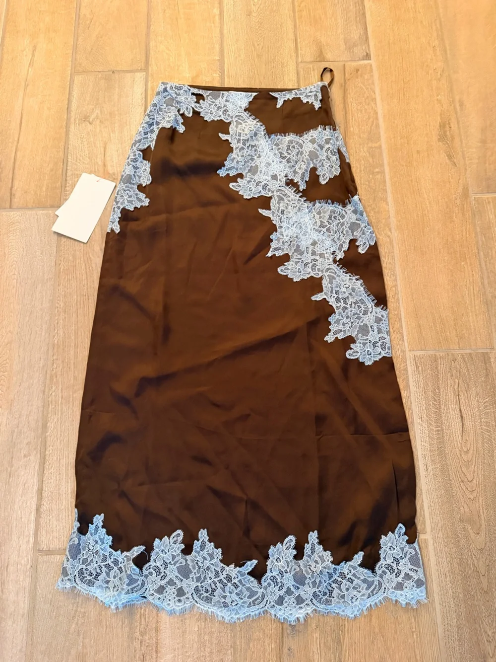 Never Fully Dressed lace trim satin maxi skirt co-ord in chocolate sz 2 - Picture 4 of 4